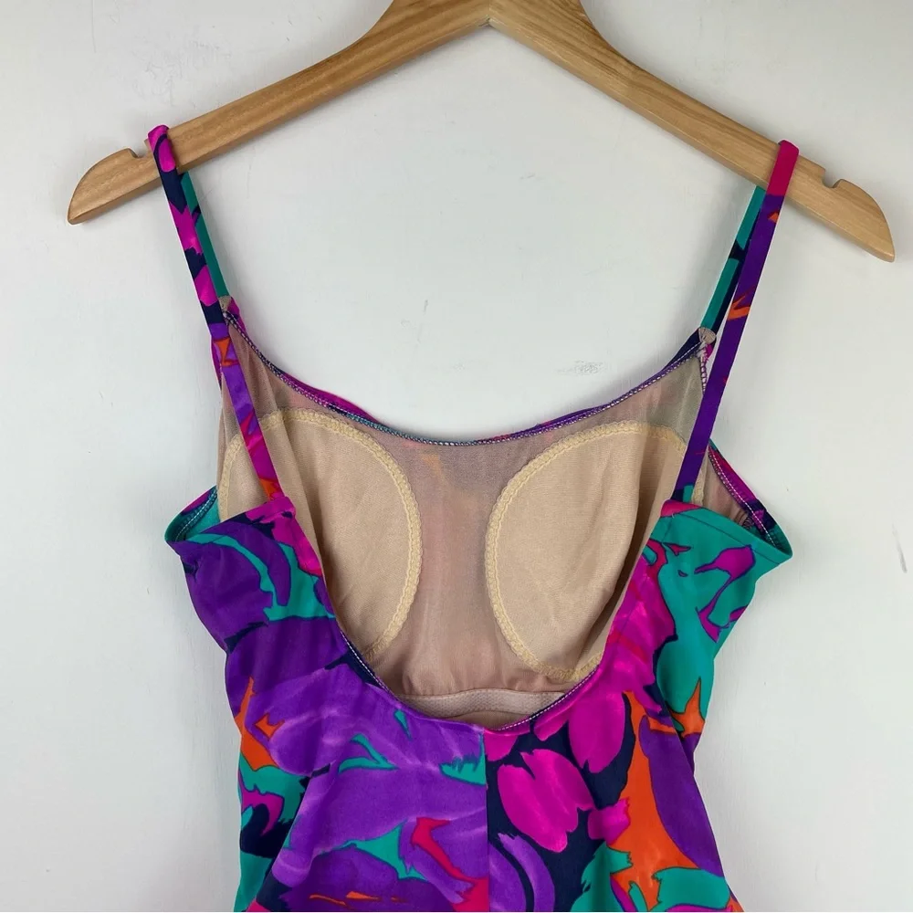 Vtg Y2K Abstract Swim One Piece Sz 16 High Cut Neon Floral Print Ruched